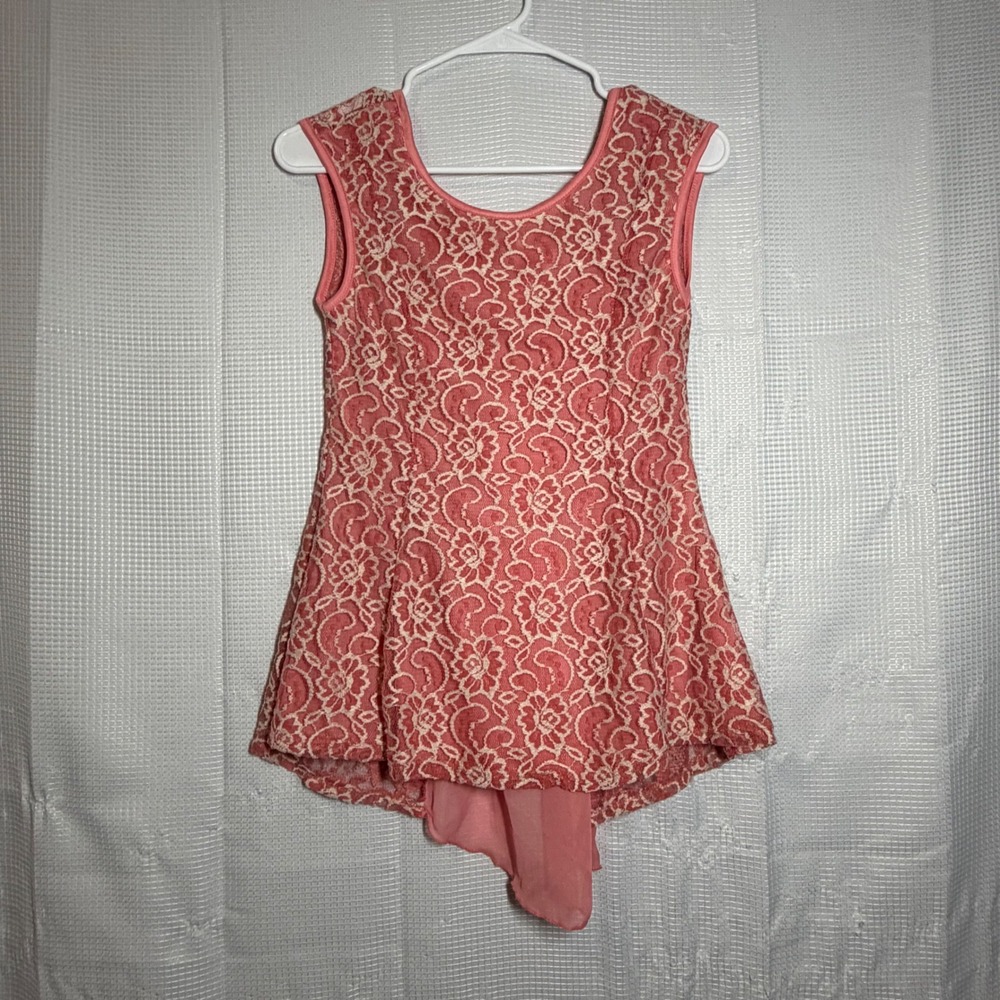 Julie's Closet Top Floral Lace Chiffon Back Bow High Low Hem Pink Medium